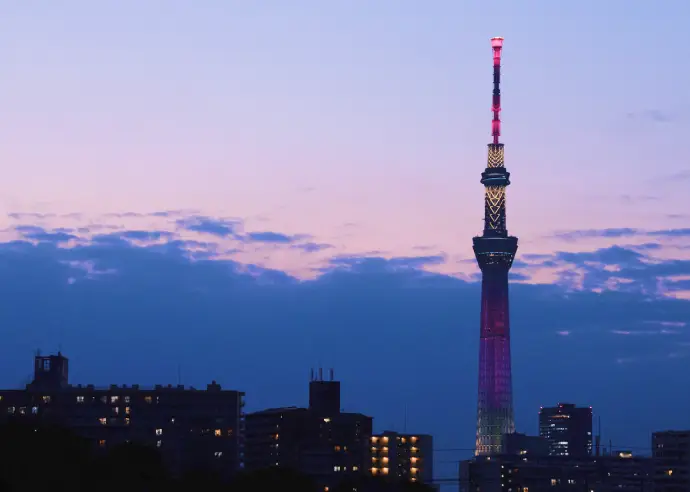夕焼けの空を背景に、ピンク〜レッド系のライトアップに彩られた東京スカイツリーの全景。