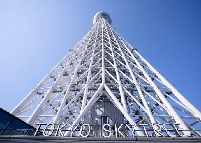 「TOKYO SKYTREE」のロゴを背景に、真下から見上げた東京スカイツリーの白い鉄骨構造。