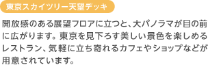 東京スカイツリー天望デッキ 開放感のある展望フロアに立つと、大パノラマが目の前に広がります。東京を見下ろす美しい景色を楽しめるレストラン、気軽に立ち寄れるカフェやショップなどが用意されています。