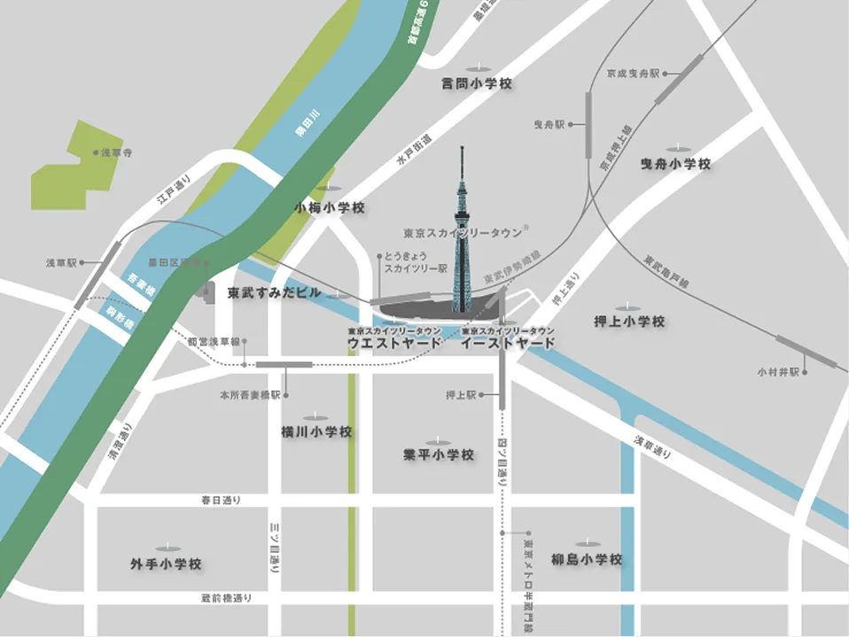 東京スカイツリーを中心に、ウエストヤード・イーストヤード、東武すみだビル、隅田川や北十間川、押上駅周辺、小梅小学校・横川小学校・業平小学校など近隣施設を示した周辺エリアマップイラスト。