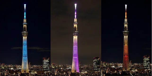 2020年2月27日より点灯が開始された、リニューアルされたライティングデザイン「粋」「雅」「幟」で彩られた東京スカイツリーの全景と照明の美しさ