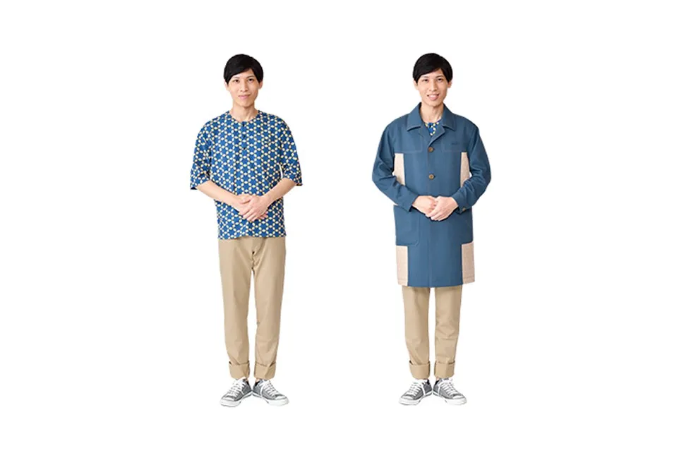 Two Uniform styles for SKYTREE SHOP Staff . On the left is a five-quarter sleeve shirt with an all-over indigo hemp leaf pattern, paired with beige pants. On the right is the same pants, but with an indigo half-coat. As explained, the shirt has a longer hem at the back for ease of movement. The coat features beige accents on the sides and pockets, matching the pants.