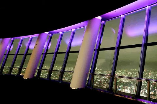 紫色のライトが幻想的に照らす展望フロア。