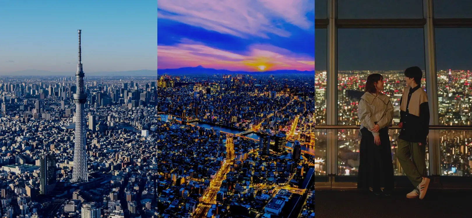 夕暮れ時にライトアップされた東京スカイツリーの全景