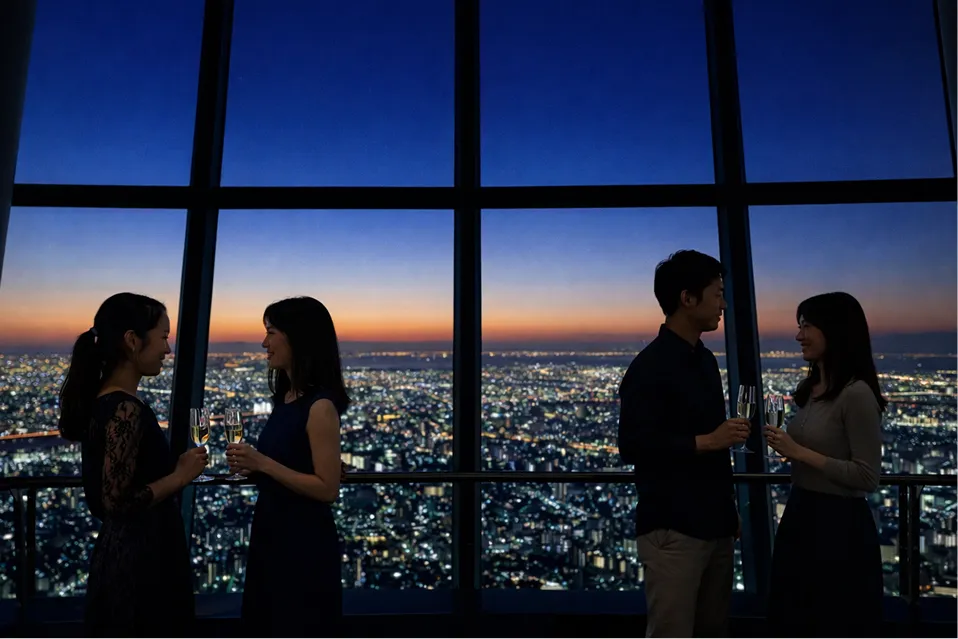 夜景をバックに展望デッキで会話を楽しむ人々