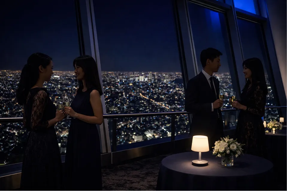 円形のテーブルが設置された展望台で、グラスを片手に会話を楽しむ人々