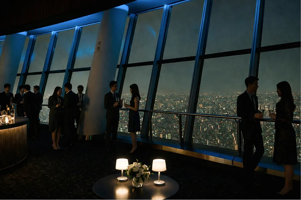 展望台で開催されているパーティーに参加した人々が、それぞれ楽しんでいる様子。