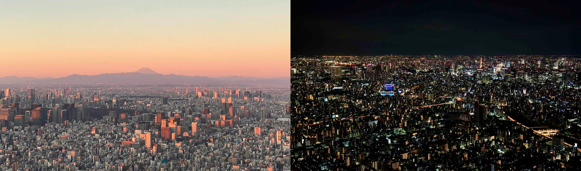 朝と夜の東京市街地パノラマ