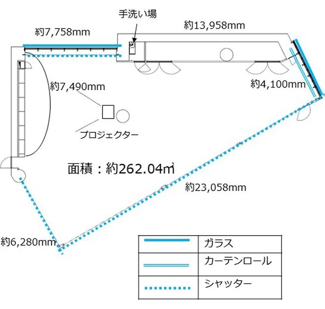 イベントスペースの面積（約262.04㎡）とプロジェクターの位置などが記載された平面図