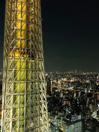 夜の闇に浮かび上がる、ライトアップされた東京スカイツリーの鉄骨の近景。