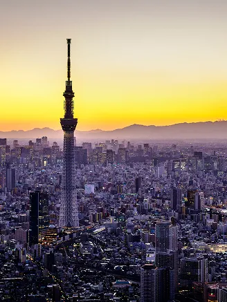 夕暮れ時、オレンジ色の夕焼け空を背景にシルエットとなった東京スカイツリーと街並み。