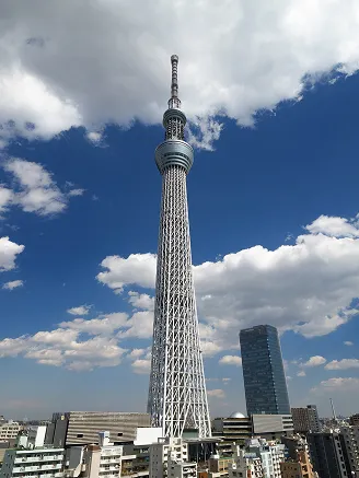 青空と白い雲を背景に、真下から見上げるように撮影されたスカイツリーの全景。