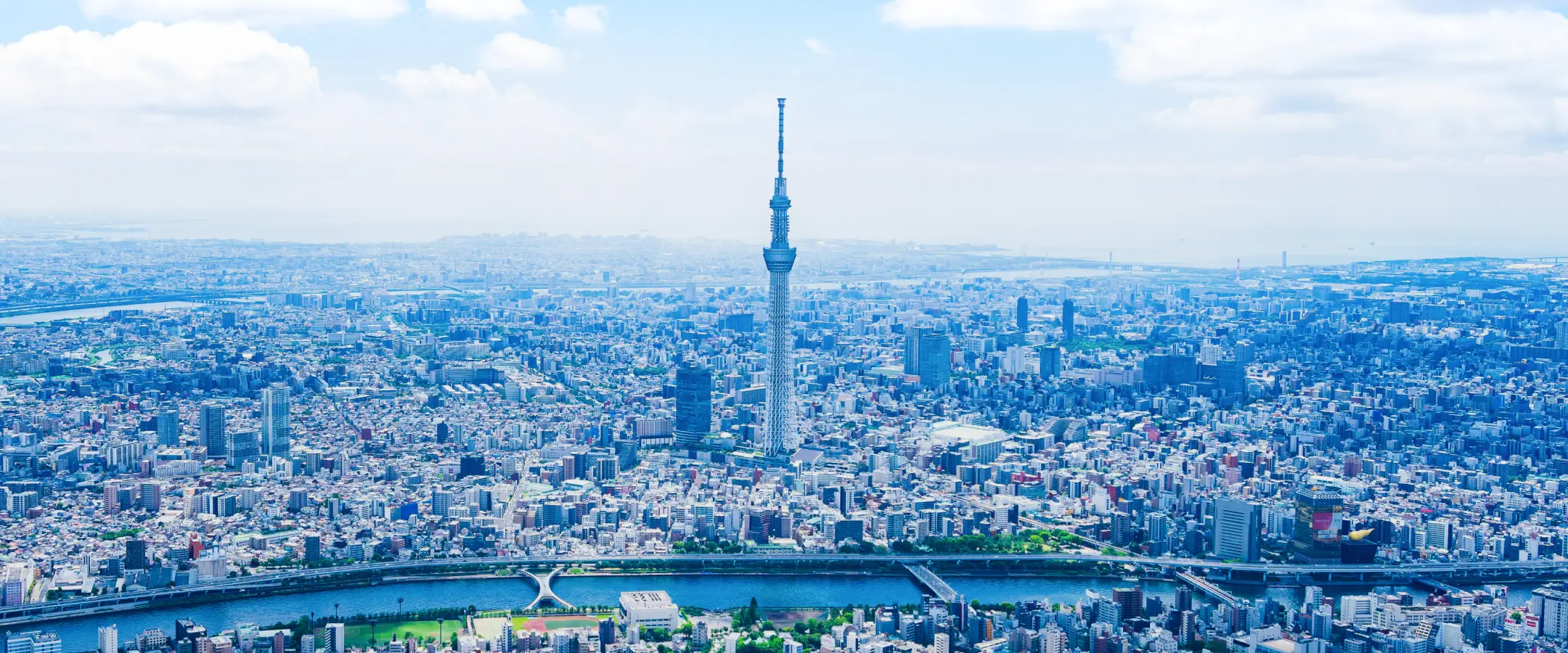 雲一つない青空の下、都心の街並みの中央にそびえ立つ東京スカイツリーの空撮写真