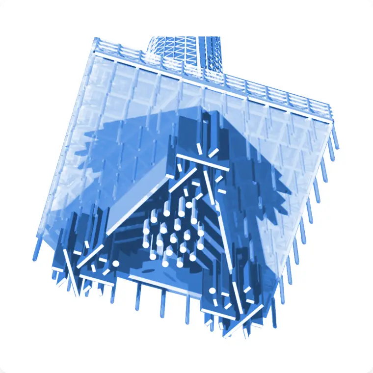 ホワイトカラーで垂直に伸びる東京スカイツリーの強固な鉄骨トラス構造のアップ