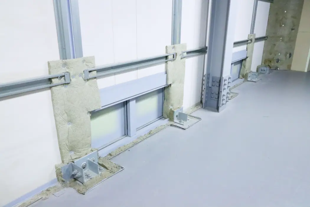 内壁に断熱材と金属レールが取り付けられた、機器設置が可能な構造壁のアップ