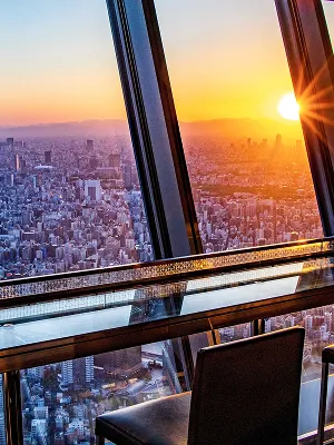 夕暮れ時、展望台の複雑な鉄骨フレーム越しに見る富士山と市街地。夕陽の光がフレームを黄金色に縁取っている。