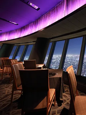 紫色のムーディーな照明に照らされた内装。大きな窓からは東京の夜景が一望できる。