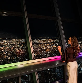 カウンターに寄りかかりながら東京の夜景を眺める女性の後ろ姿