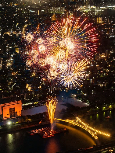 夜空に咲く大輪の花火と、色鮮やかにライトアップされた東京スカイツリー