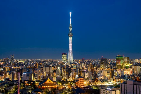 夕暮れ時の街並みとライトアップされた東京スカイツリー、手前に見える浅草周辺の風景