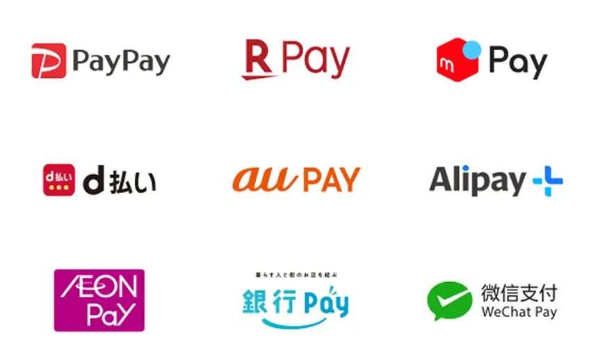 対応決済：AEON Pay、Alipay、au PAY、d払い、銀行Pay、メルペイ、PayPay、楽天ペイ、WeChat Pay