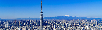 青空の下に広がる街並みと東京スカイツリー、奥に見える富士山