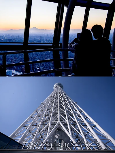 展望台から望む夕暮れ時の富士山と、地上から見上げた東京スカイツリーの迫力ある構図