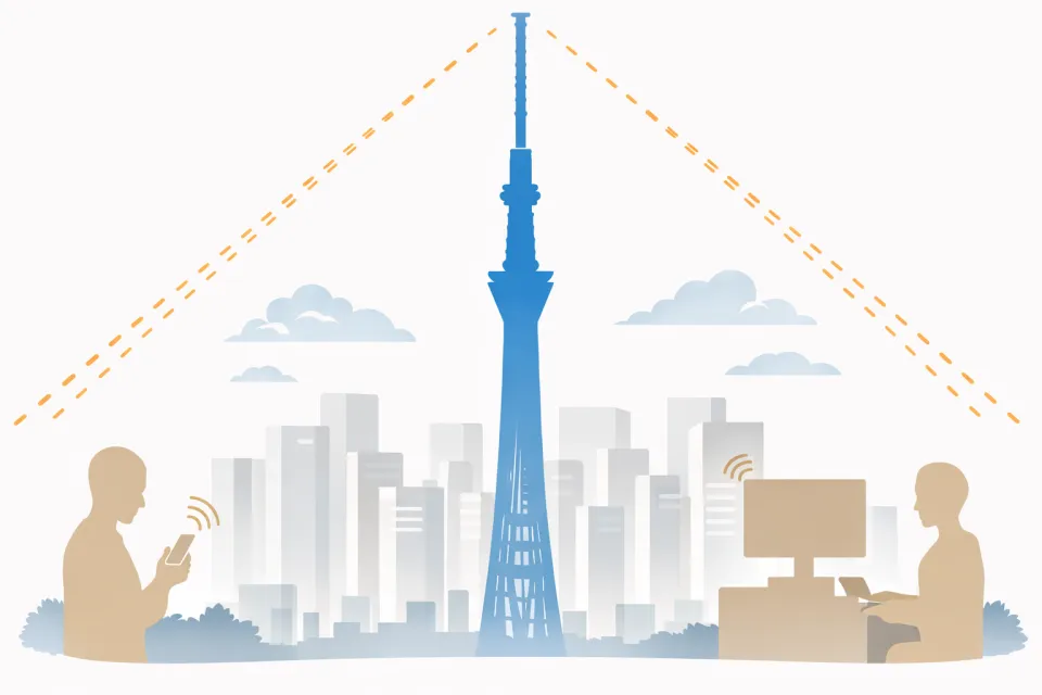 都心のビル群の中に高くそびえ立ち、広範囲に電波を送信する電波塔としての東京スカイツリーの全景