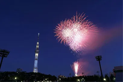 夜空に打ち上がる花火と東京スカイツリーの景色