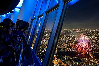 展望台から見た夜景と遠くに見える花火