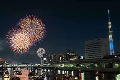 川沿いの夜景と花火、スカイツリーが見える風景