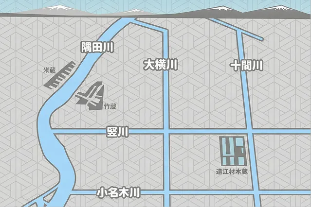 川の流れと周辺地図を示したシンプルなマップ