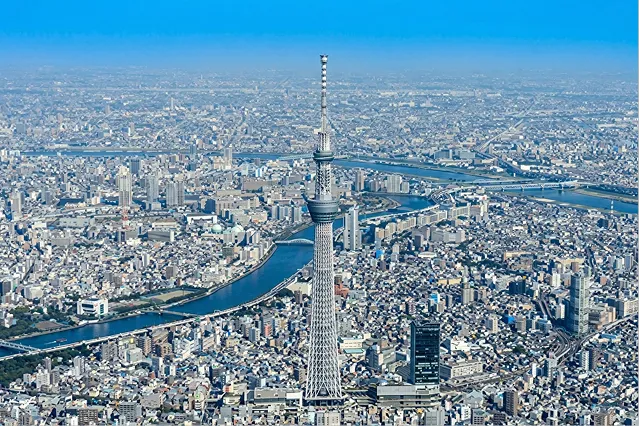 東京スカイツリーと東京の街並みを上空から見た風景