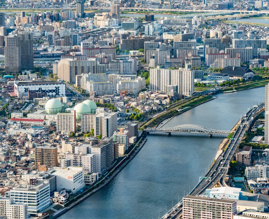 高層から見下ろした東京都心の街並み。隅田川が街を横切り、複数の橋や建物、遠くの地平線まで広がる都市のパノラマビュー。