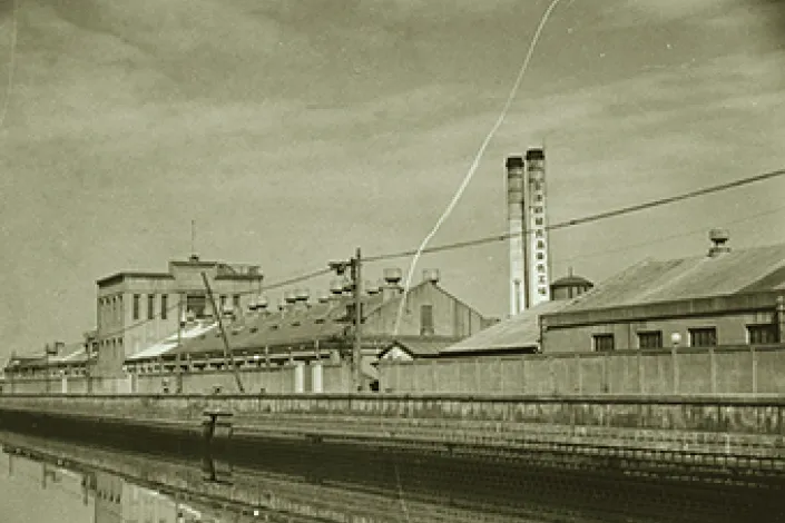 北十間川沿いに並ぶかつての東洋紡績向島染色工場の建物群を捉えた古写真。