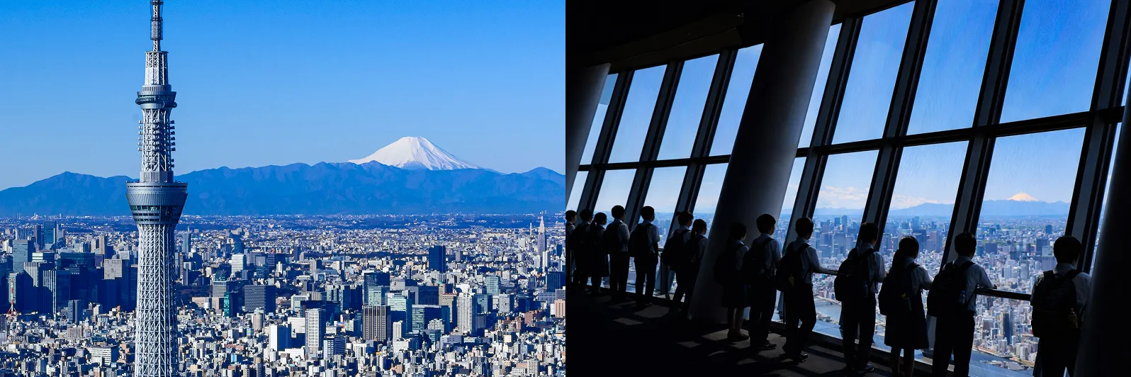 東京スカイツリーと富士山の景色と、学生たちがスカイツリーの展望台から景色を眺める様子
