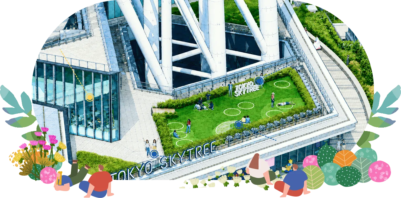 東京スカイツリーのタワーの足元に広がる、白い円のデザインが施された緑豊かな屋外の芝生広場を上空から見下ろしたパース画