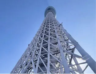 空を背景に、下から見上げるように撮影された東京スカイツリー。