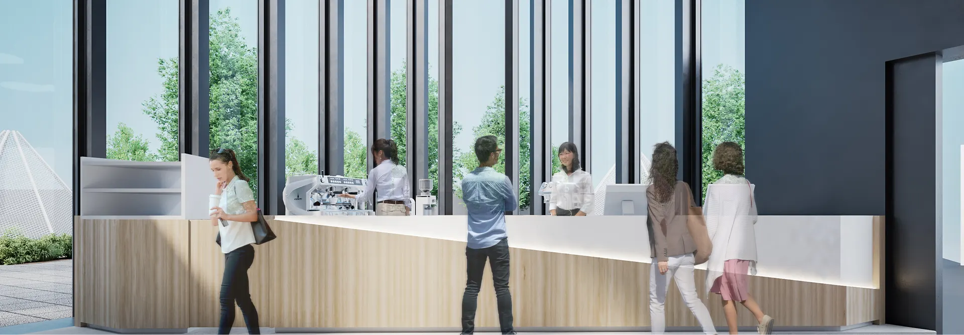 テーブルに並ぶ、東京スカイツリーをモチーフにした彩り豊かなメニュー。星形のライスが添えられたカレーや、スカイツリーのラテアートが施されたカフェラテ、公式キャラクター「ソラカラちゃん」のピックが飾られた爽やかなブルーのパフェなどが、食事を楽しむ人々の手元とともに写っています。