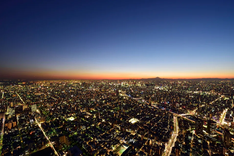 地平線の彼方に富士山のシルエットが浮かぶ、夕暮れ時から夜へと移ろう東京の街並み。