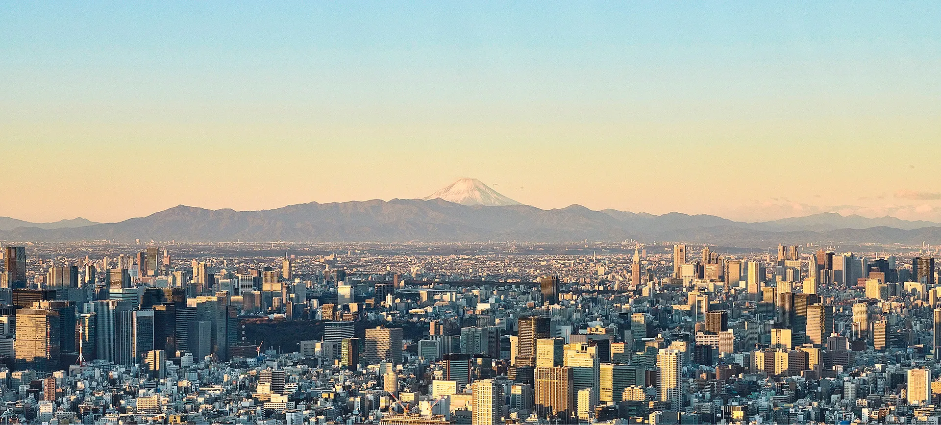 朝日を浴びる東京の街並みと、遠くにそびえる冠雪した富士山。